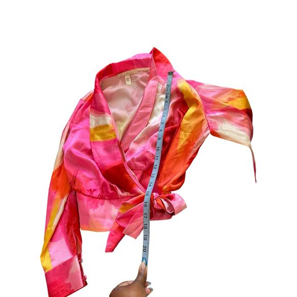 Hutch Nyla Blouse Pink Watercolor Satin Long Sleeve Tie Front V-Neck‎ Size XS - Picture 13 of 13